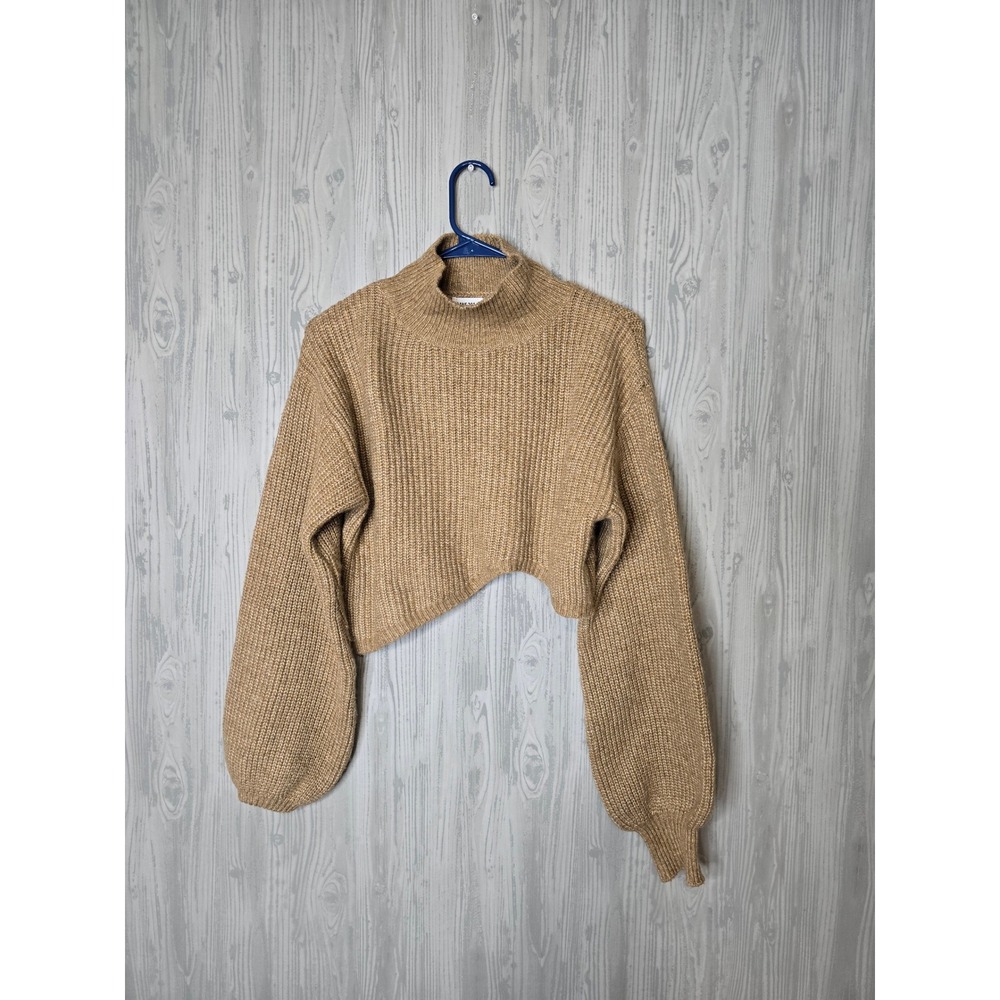 Lane 201 Cropped Sweater Women M Camel Tan Mock Neck Balloon Sleeve Asymmetrical